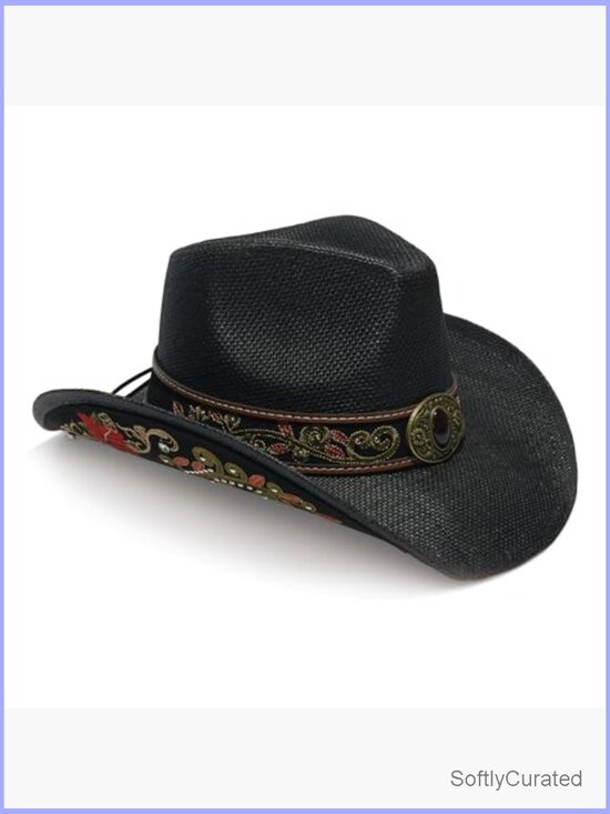 Western Straw Cowboy Hat with Decorative Band Unisex Wide Brim Sun Hat